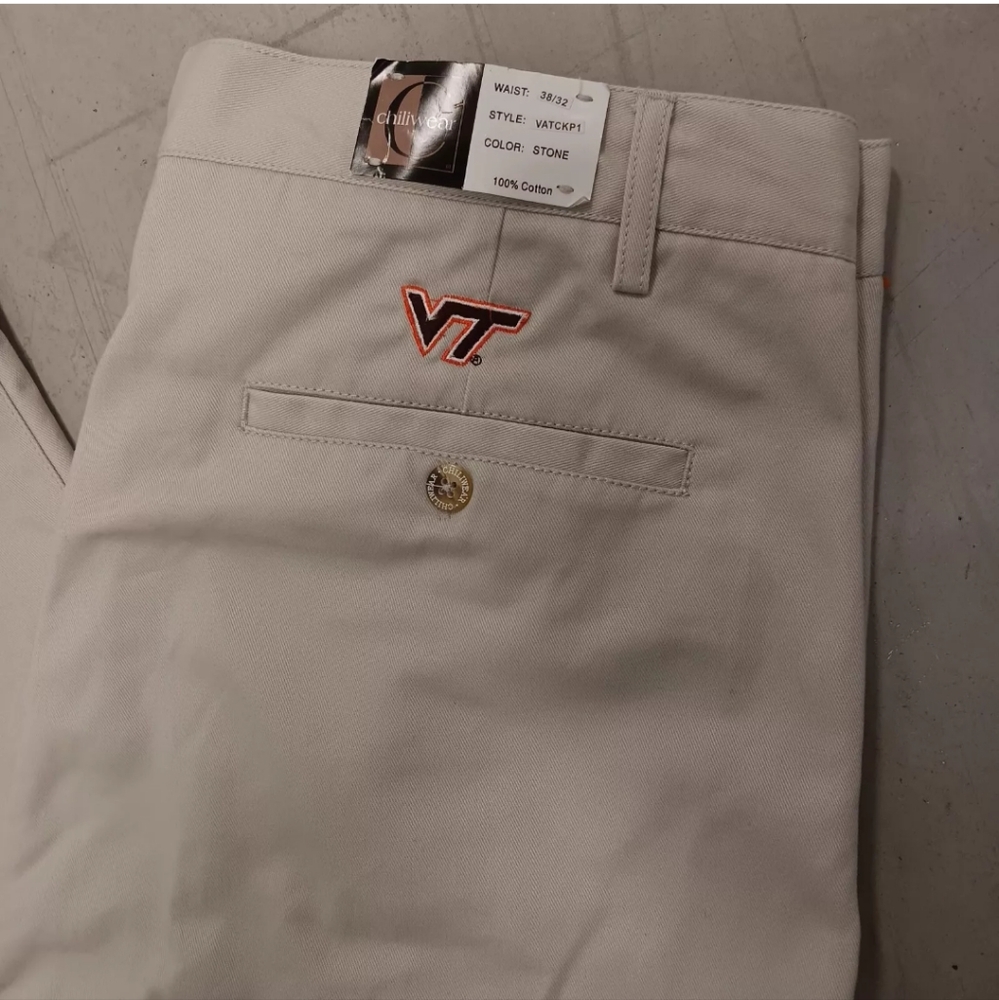 Men’s Chiliwear Virginia Tech Hokies Embroidered Beige Khaki Pants 38/32 NWT VTG